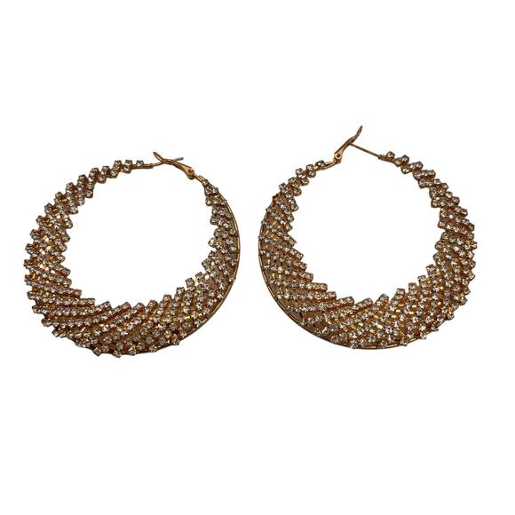 Gold Hoop Earrings Filigree Cut Out Encrusted Cubic Zirconia Statement Jewelry - Picture 3 of 6